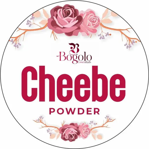 Label design for Bogolo Essentials Cheebe Powder, featuring bold text and floral elements, showcasing a natural hair care product.
