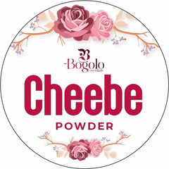 Label design for Bogolo Essentials Cheebe Powder, featuring bold text and floral elements, showcasing a natural hair care product.