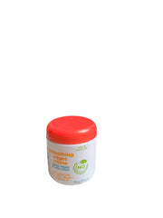 Just For Me Smoothing Edges Creme jar with a bright orange lid, showcasing the product designed to tame edges and add shine, labeled with key ingredients like coconut milk.