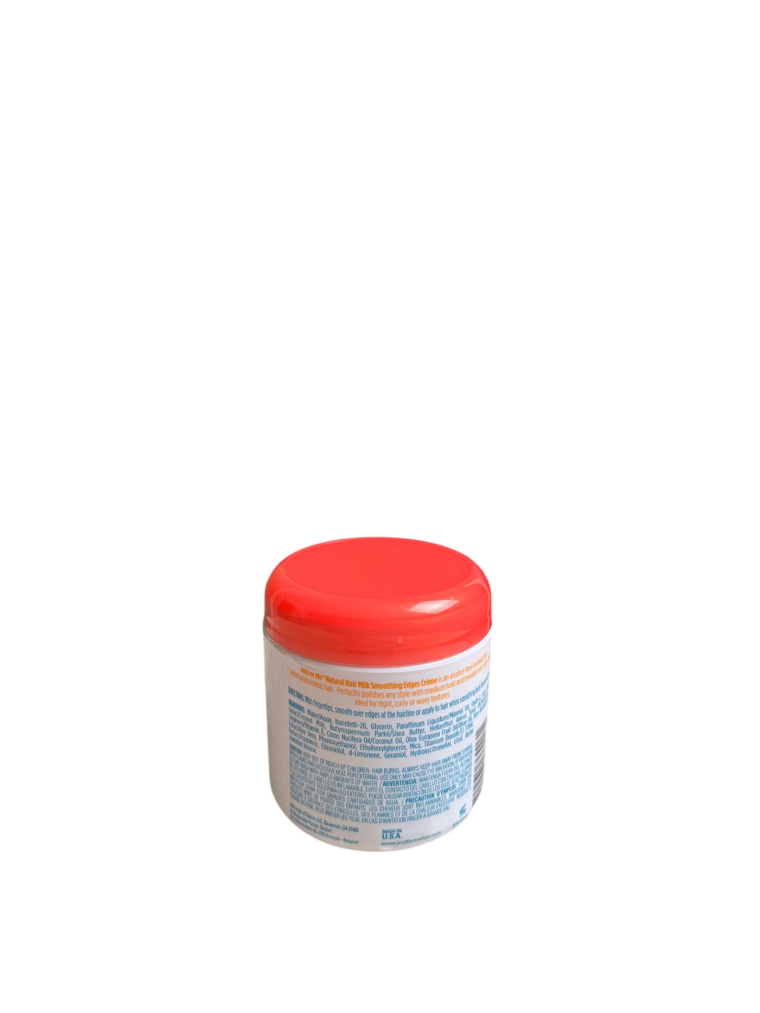 Back view of Just For Me Smoothing Edges Creme jar, featuring detailed ingredient list and directions, emphasizing its benefits and natural components.