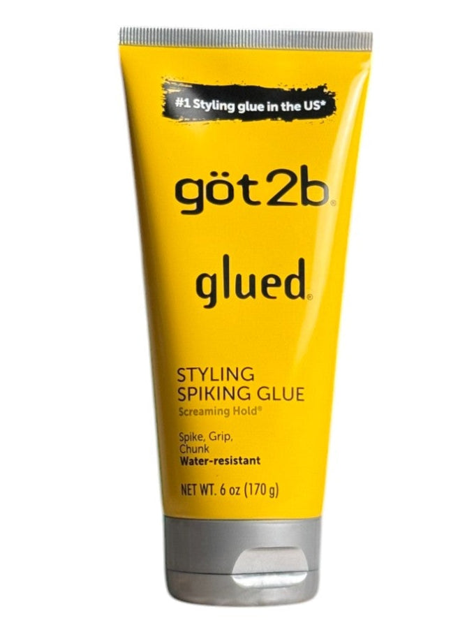 Got2B Styling Spiking Glue tube showcasing its bright yellow packaging with the product name and features clearly visible.