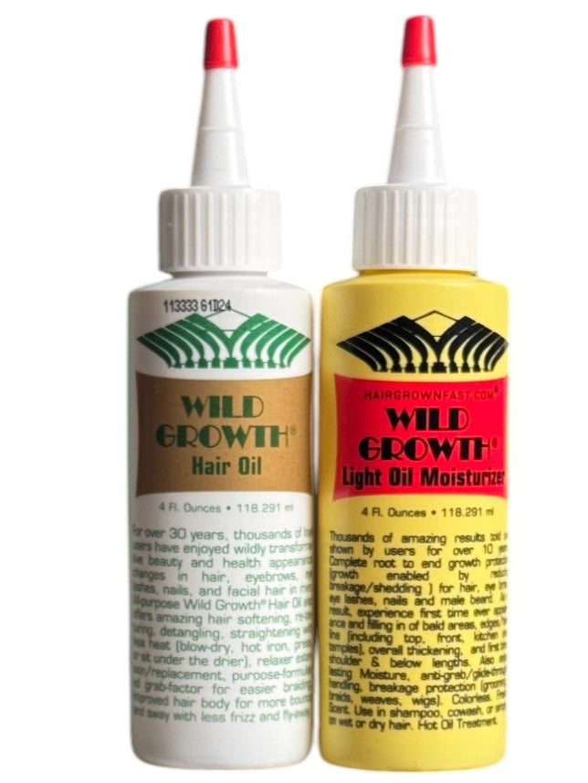 Wild Growth Grower's Pack showing Hair Oil and Light Oil Moisturizer in squeeze bottles with red caps, designed for hair nourishment and growth.