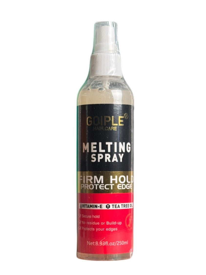 Goiple Melting Spray bottle with firm hold and edge protection features, showcasing a clear liquid and spray nozzle, perfect for long-lasting hairstyle support.