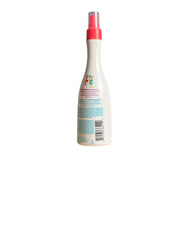 Back view of the Just For Me Leave-in Detangler bottle, showcasing the product's blue text and instructions. The spray bottle is designed for easy application and is ideal for managing children's hair.