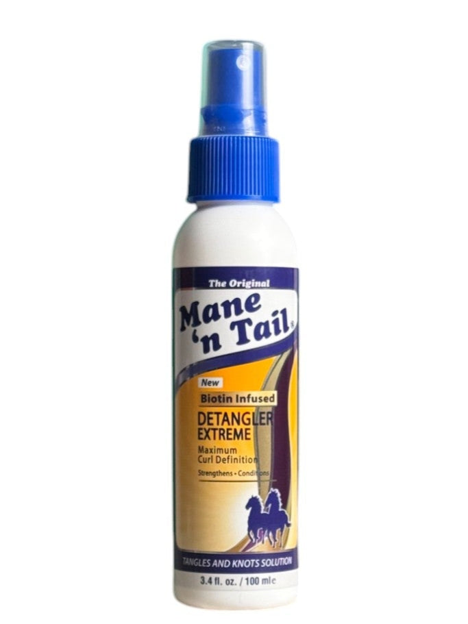 Mane 'n Tail Biotin Infused Detangler spray bottle, featuring a blue cap and label highlighting its detangling and conditioning properties for healthier hair.
