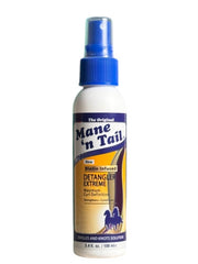 Mane 'n Tail Biotin Infused Detangler spray bottle, featuring a blue cap and label highlighting its detangling and conditioning properties for healthier hair.