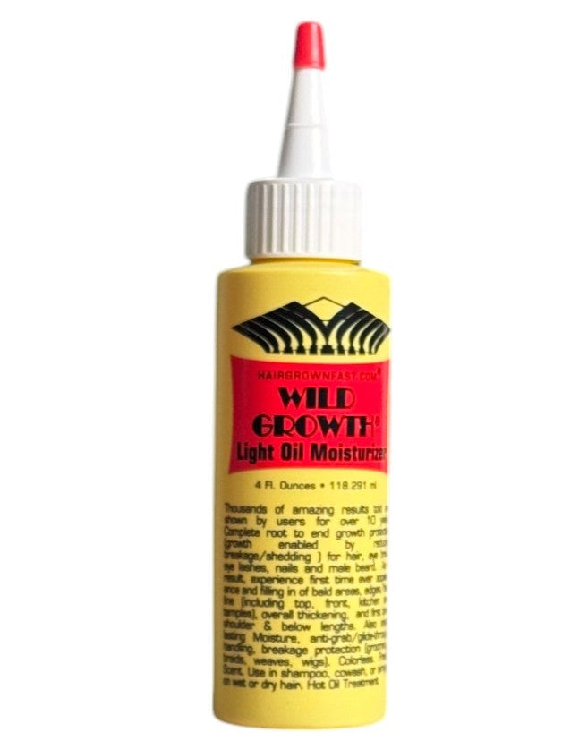 Front view of Wild Growth-Light Oil Moisturizer bottle with yellow packaging, featuring a pointed red cap and product details on the label.