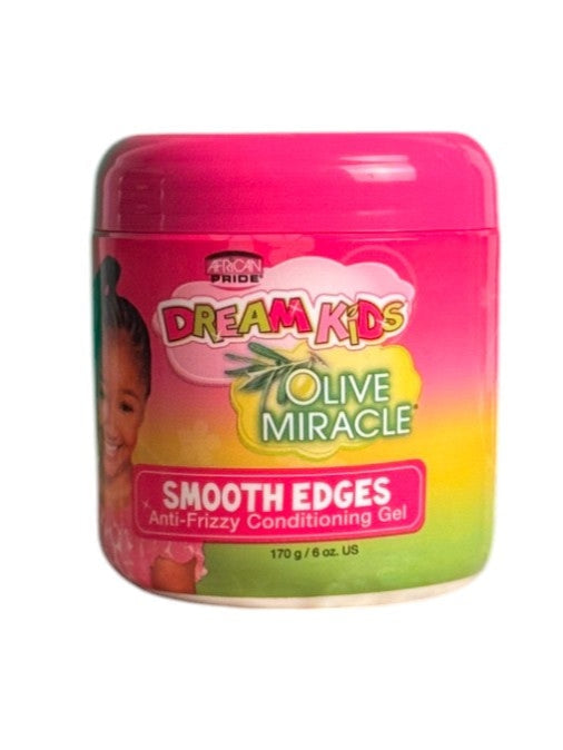 Container of African Pride Dream Kids Olive Miracle Smooth Edges Anti-Frizz Conditioning Gel with a bright pink lid, featuring vibrant packaging and a happy child on the front, emphasizing smooth and sleek edges for hairstyles.