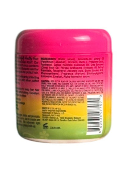 Back view of the African Pride Dream Kids Olive Miracle Smooth Edges container, showcasing the ingredient list and usage information, all set against a colorful gradient design.