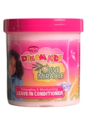Front view of African Pride Dream Kids Olive Miracle Leave-In Conditioner jar, featuring a vibrant pink label and a smiling child's image, showcasing its detangling and moisturizing benefits.