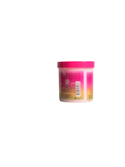 Back view of African Pride Dream Kids Olive Miracle Leave-In Conditioner jar, displaying the product details and ingredients on a colorful gradient background.