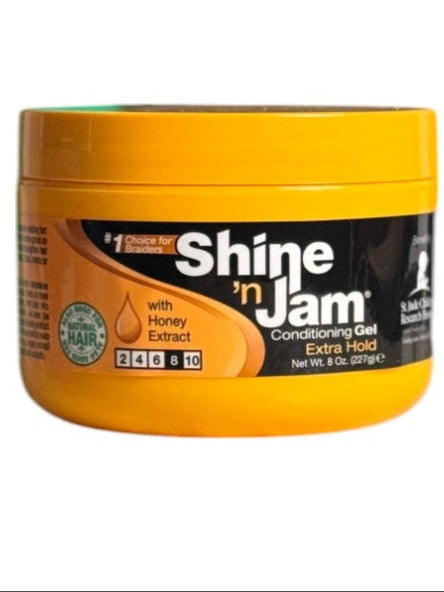 Shine n Jam Conditioning Gel jar with honey extract, showcasing the bright yellow packaging, perfect for all-day hold.