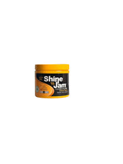 Close-up view of Shine n Jam Conditioning Gel jar, labeled with 'extra hold' and featuring honey extract, ideal for hairstyling.