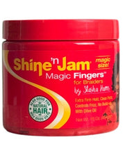 A jar of Shine'n Jam Magic Fingers Braid Gel with a bright red label, showcasing its extra firm hold and suitability for natural hair styling.