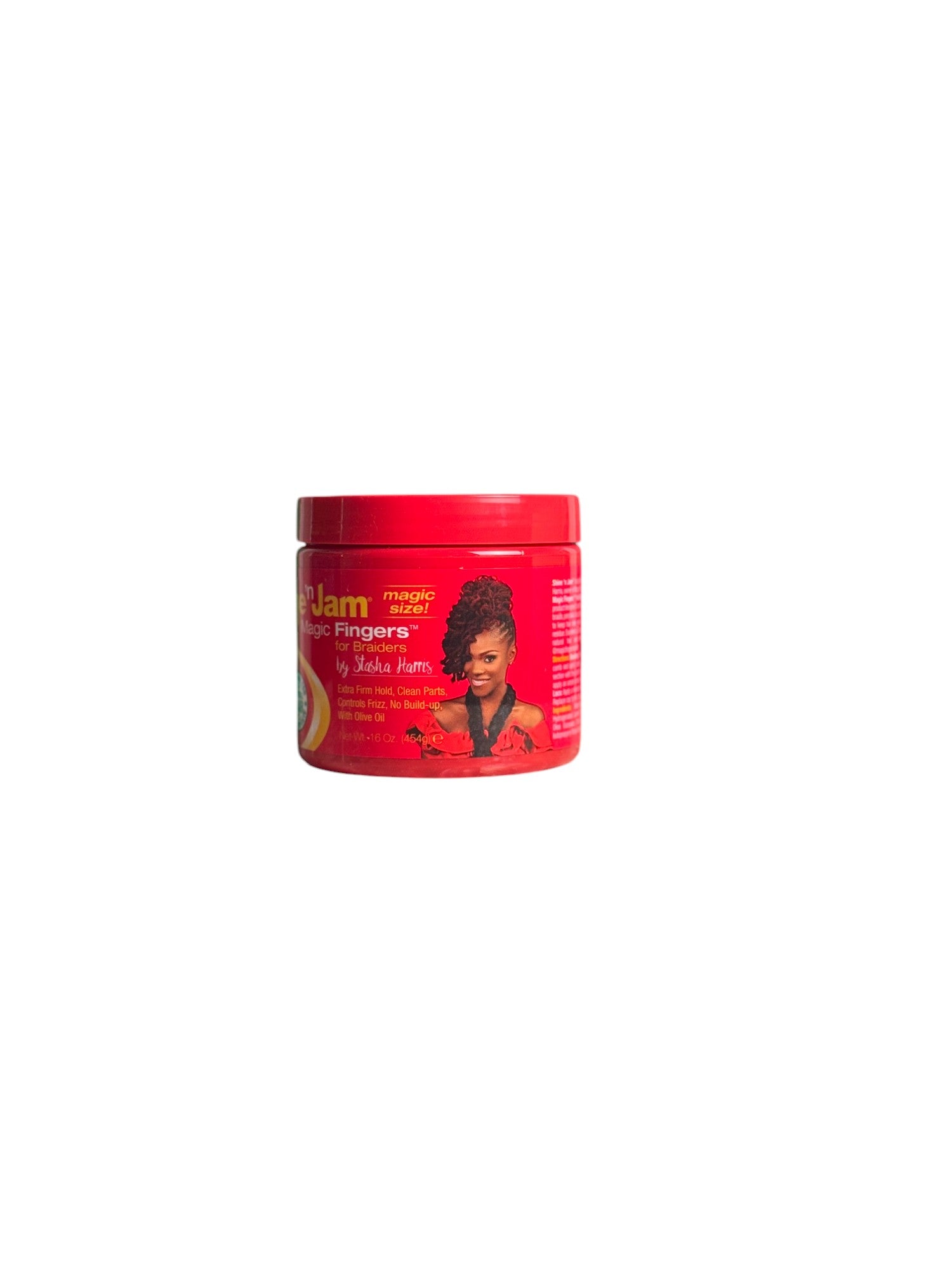 Front view of Shine'n Jam Magic Fingers Braid Gel, highlighting the colorful packaging and the stylish model featured on the label.