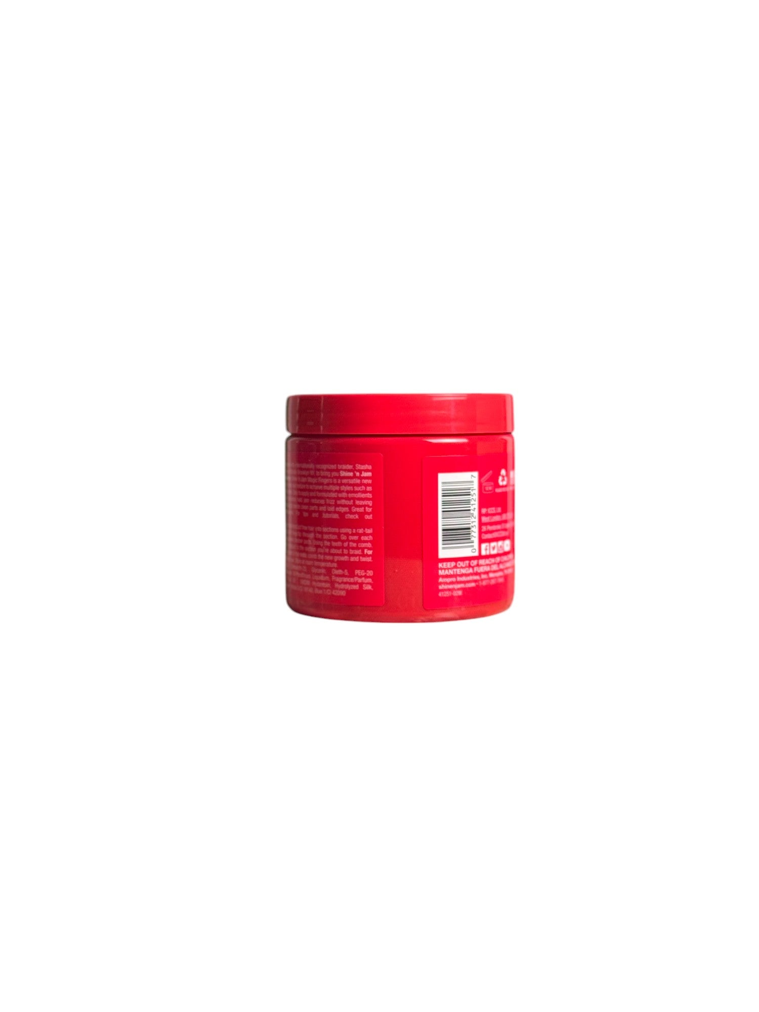 Side view of the Shine'n Jam Magic Fingers Braid Gel jar, displaying the back label with product details and instructions.