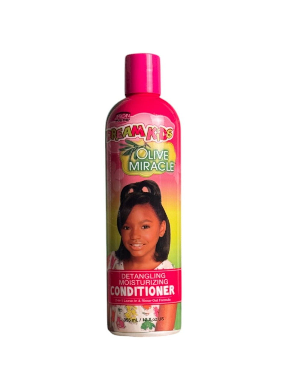 Front view of African Pride Dream Kids Olive Miracle Detangling Moisturizing Conditioner bottle, featuring a vibrant design and a smiling child on the label.
