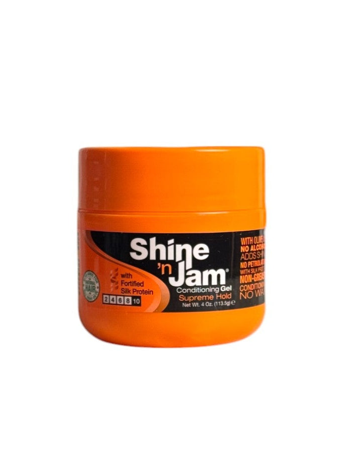 Shine'n Jam Supreme Hold Conditioning Gel in an orange container, showcasing the front label that highlights the product's features and ingredients.